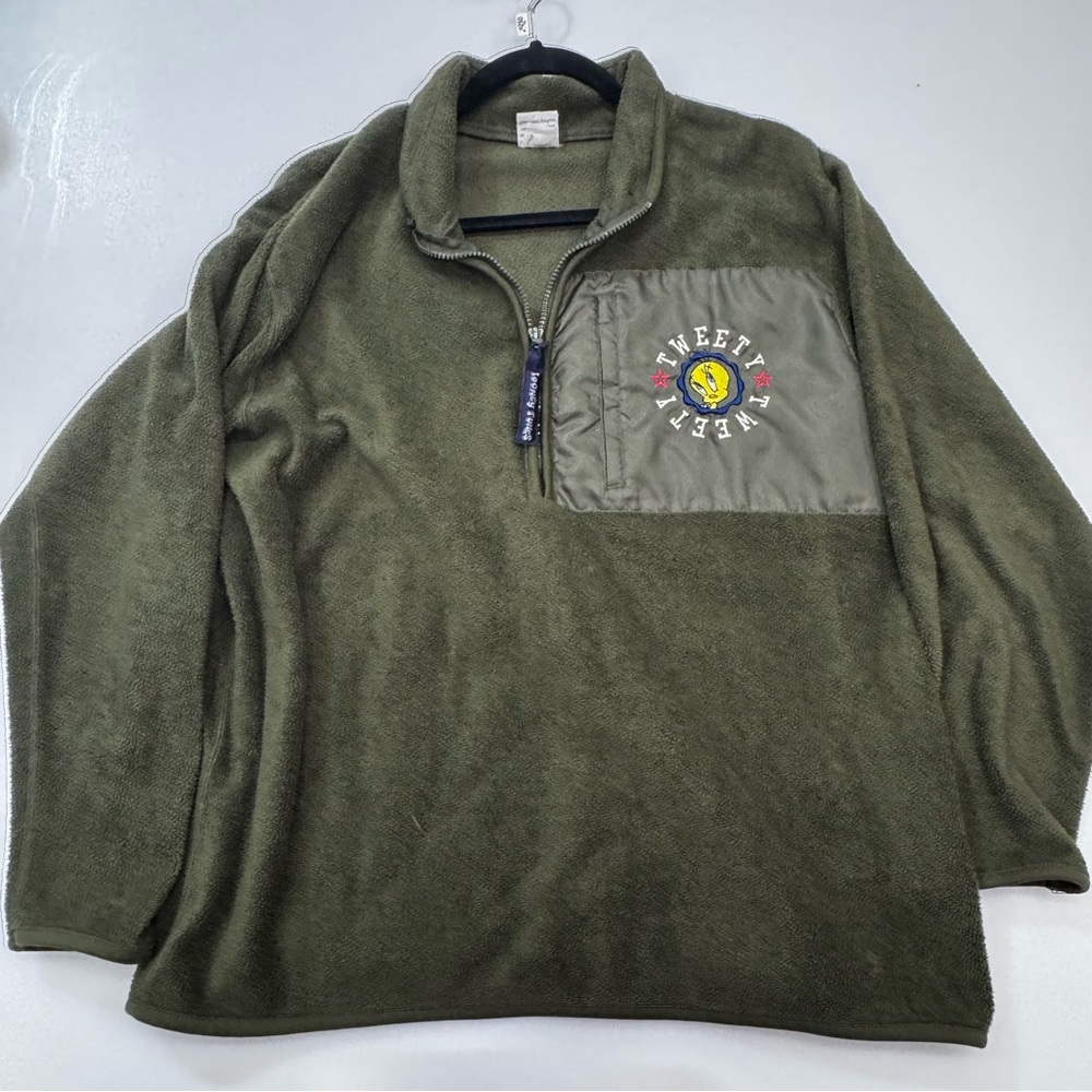 Vintage Y2K Looney Tunes Tweety Bird Half Zip Long Sleeve Fleece Green Jacket